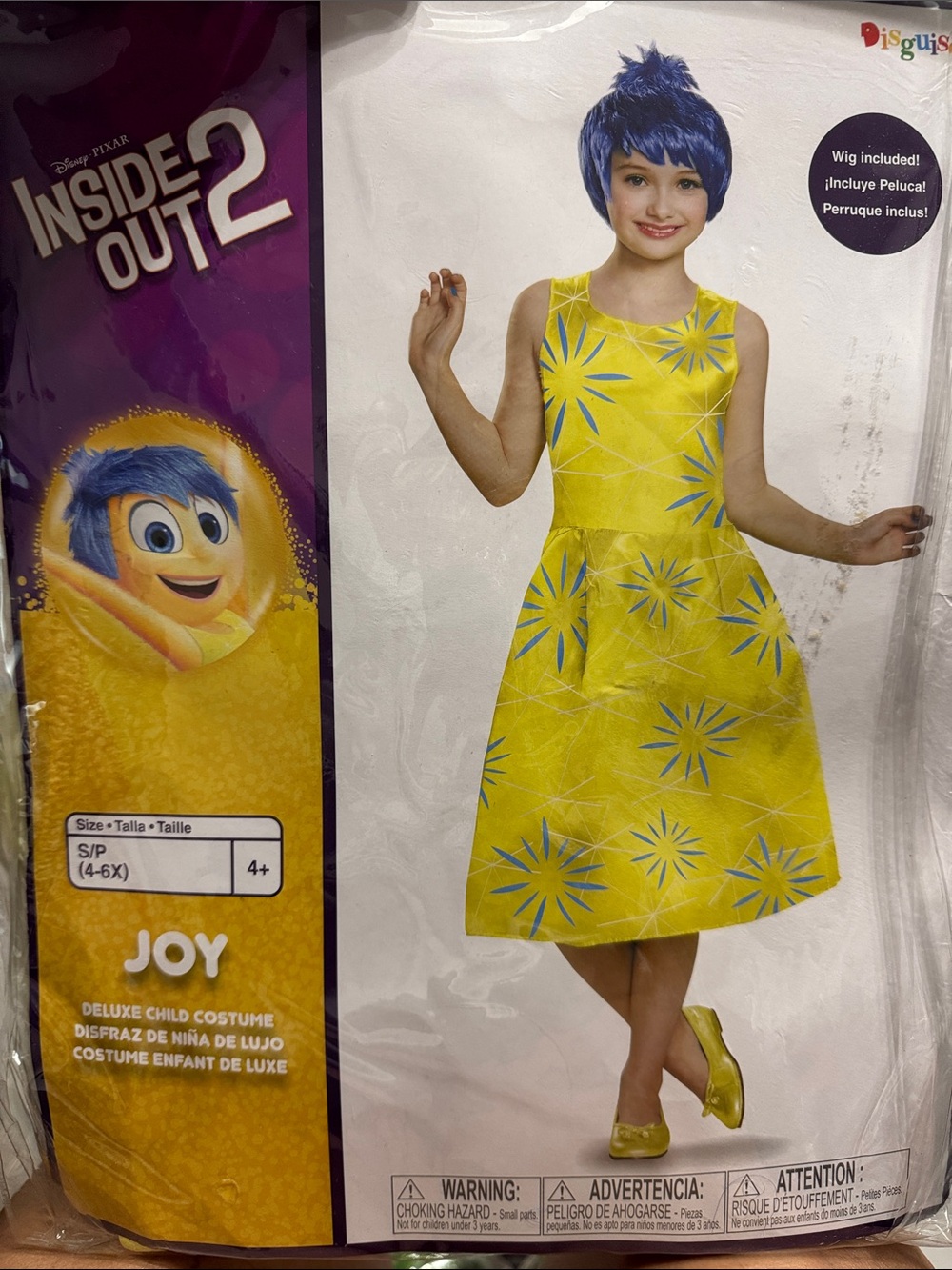 Disguise Joy Costume in Bright Yellow with Blue Wig